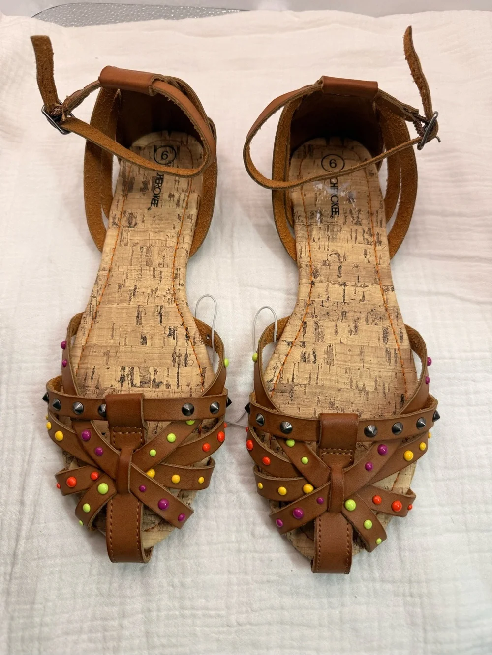 NEW Cherokee Women’s Brown Studded Ankle-Strap Sandals - Multicolor Stud Detail